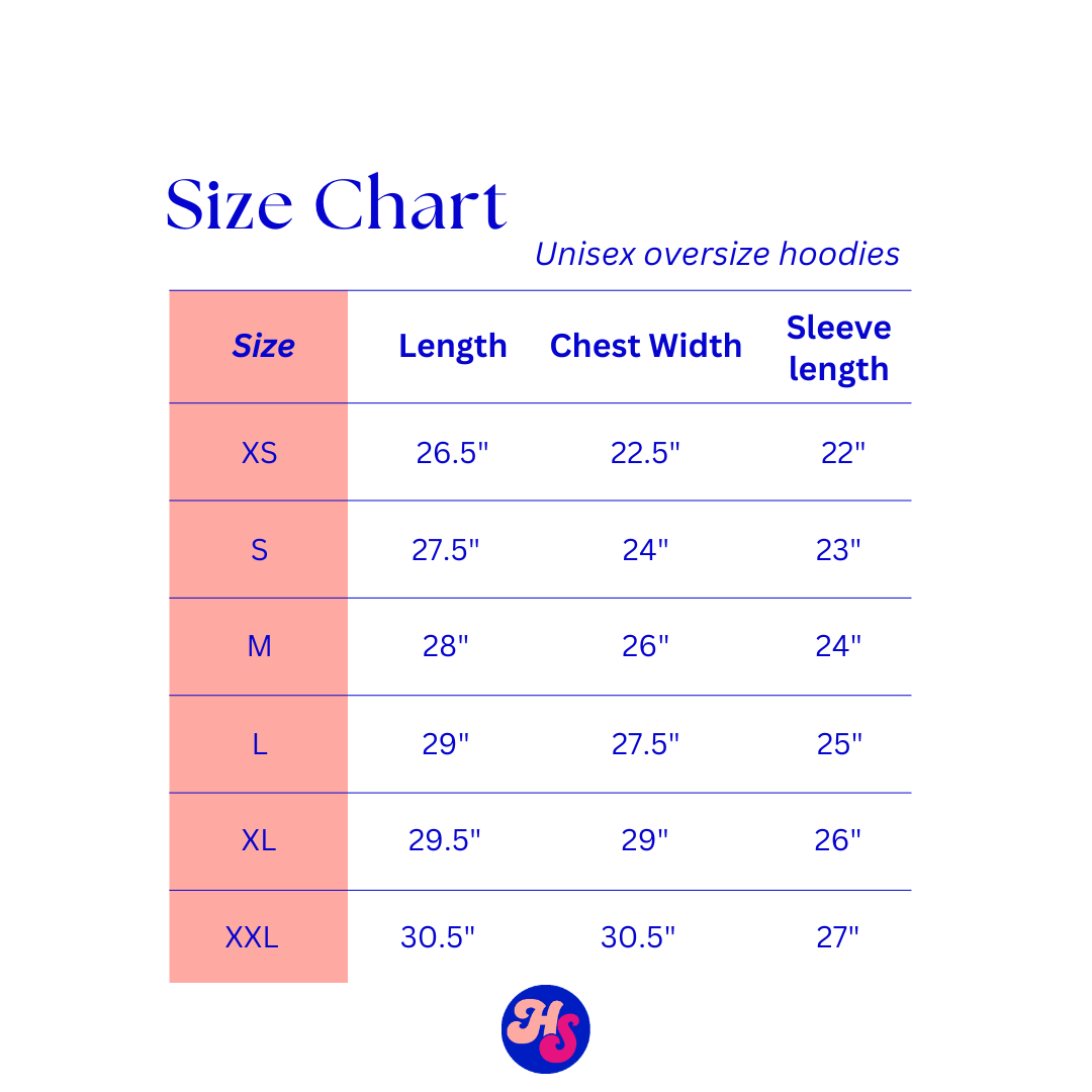 size chart for Butterfly hoodie